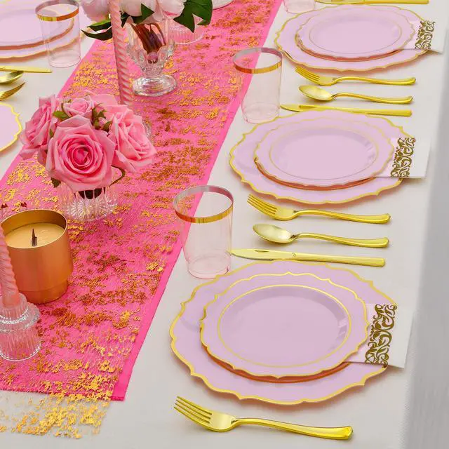 Main image of 175 PCS Pink Plastic Plates for 25 Guests, Pink and Gold Disposable Dinnerware Set for Party Wedding Include 25 Dinner & 25 Dessert Plates, Spoons, Forks, Knives, Cups, 25 Napkins