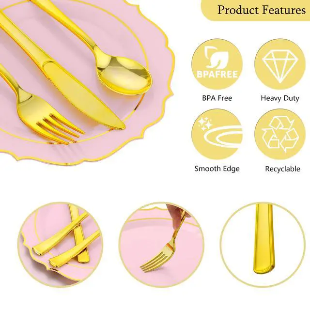 Alt view image 4 of 7 - 175 PCS Pink Plastic Plates for 25 Guests, Pink and Gold Disposable Dinnerware Set for Party Wedding Include 25 Dinner & 25 Dessert Plates, Spoons, Forks, Knives, Cups, 25 Napkins