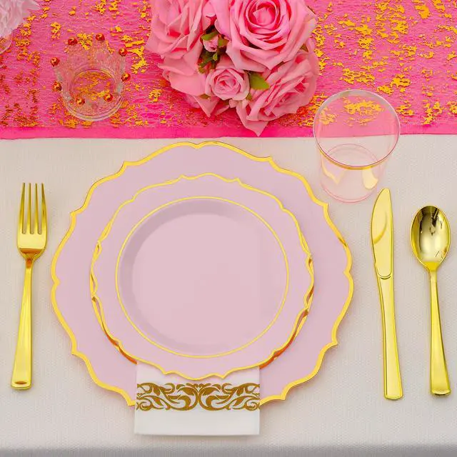 Alt view image 5 of 7 - 175 PCS Pink Plastic Plates for 25 Guests, Pink and Gold Disposable Dinnerware Set for Party Wedding Include 25 Dinner & 25 Dessert Plates, Spoons, Forks, Knives, Cups, 25 Napkins