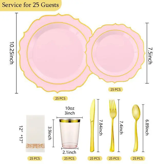 Alt view image 3 of 7 - 175 PCS Pink Plastic Plates for 25 Guests, Pink and Gold Disposable Dinnerware Set for Party Wedding Include 25 Dinner & 25 Dessert Plates, Spoons, Forks, Knives, Cups, 25 Napkins