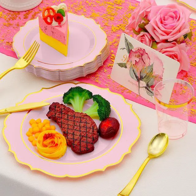 Alt view image 2 of 7 - 175 PCS Pink Plastic Plates for 25 Guests, Pink and Gold Disposable Dinnerware Set for Party Wedding Include 25 Dinner & 25 Dessert Plates, Spoons, Forks, Knives, Cups, 25 Napkins