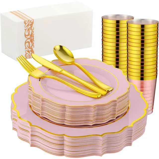 Alt view image 7 of 7 - 175 PCS Pink Plastic Plates for 25 Guests, Pink and Gold Disposable Dinnerware Set for Party Wedding Include 25 Dinner & 25 Dessert Plates, Spoons, Forks, Knives, Cups, 25 Napkins