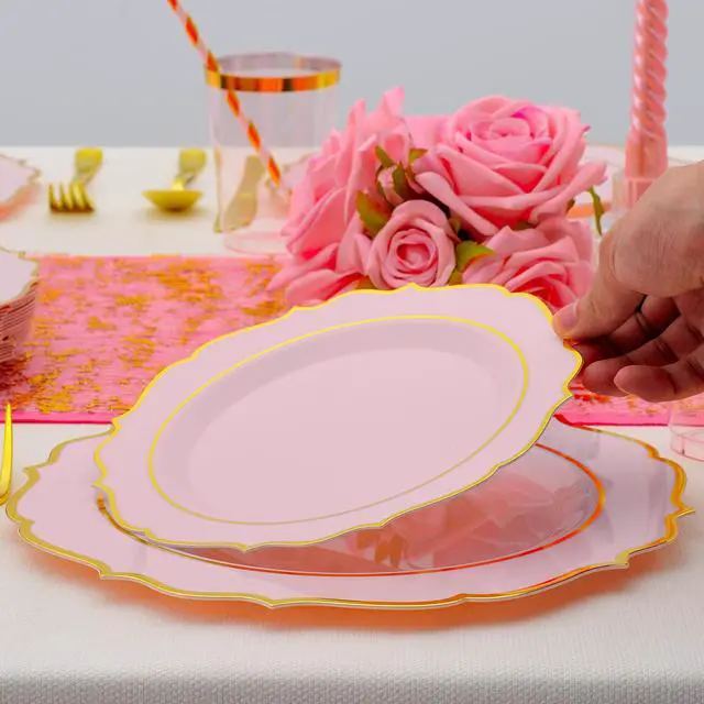 Alt view image 6 of 7 - 175 PCS Pink Plastic Plates for 25 Guests, Pink and Gold Disposable Dinnerware Set for Party Wedding Include 25 Dinner & 25 Dessert Plates, Spoons, Forks, Knives, Cups, 25 Napkins