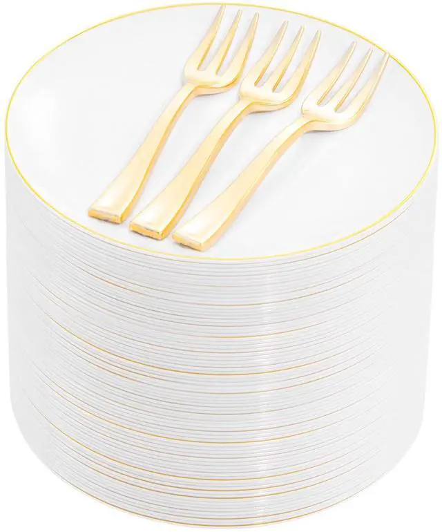 Main image of 200PCS Gold Dessert Plates 6.3" with Forks 5"- Small Disposable Dessert/Appetize/Cake Plates Plates- serve 100 guests include 100Plates 100Forks for Wedding &Birthday Party & Outdoor