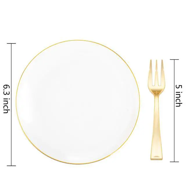 Alt view image 2 of 7 - 200PCS Gold Dessert Plates 6.3" with Forks 5"- Small Disposable Dessert/Appetize/Cake Plates Plates- serve 100 guests include 100Plates 100Forks for Wedding &Birthday Party & Outdoor