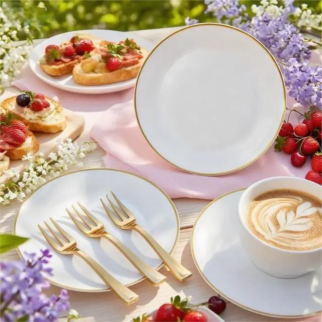 Alt view image 5 of 7 - 200PCS Gold Dessert Plates 6.3" with Forks 5"- Small Disposable Dessert/Appetize/Cake Plates Plates- serve 100 guests include 100Plates 100Forks for Wedding &Birthday Party & Outdoor