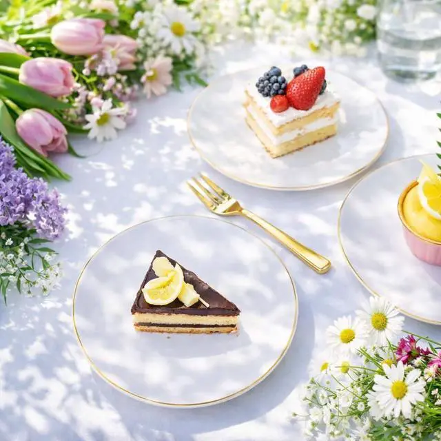 Alt view image 6 of 7 - 200PCS Gold Dessert Plates 6.3" with Forks 5"- Small Disposable Dessert/Appetize/Cake Plates Plates- serve 100 guests include 100Plates 100Forks for Wedding &Birthday Party & Outdoor