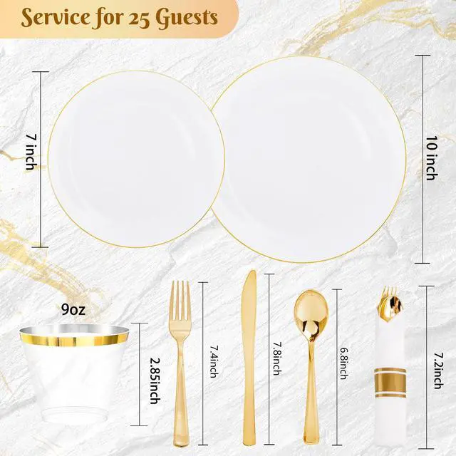 Alt view image 2 of 7 - 175PCS Gold Plates Disposable - Heavy Duty White and Gold Plastic Plates Dinnerware Sets - 25 for Dinner 25 for Dessert 25 Pre Rolled Napkins and 25 Cups for Birthday/Wedding/Party