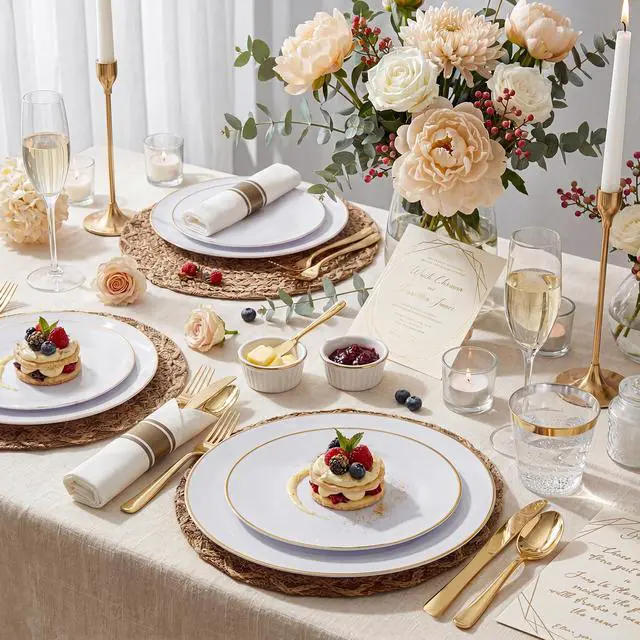 Alt view image 3 of 7 - 175PCS Gold Plates Disposable - Heavy Duty White and Gold Plastic Plates Dinnerware Sets - 25 for Dinner 25 for Dessert 25 Pre Rolled Napkins and 25 Cups for Birthday/Wedding/Party