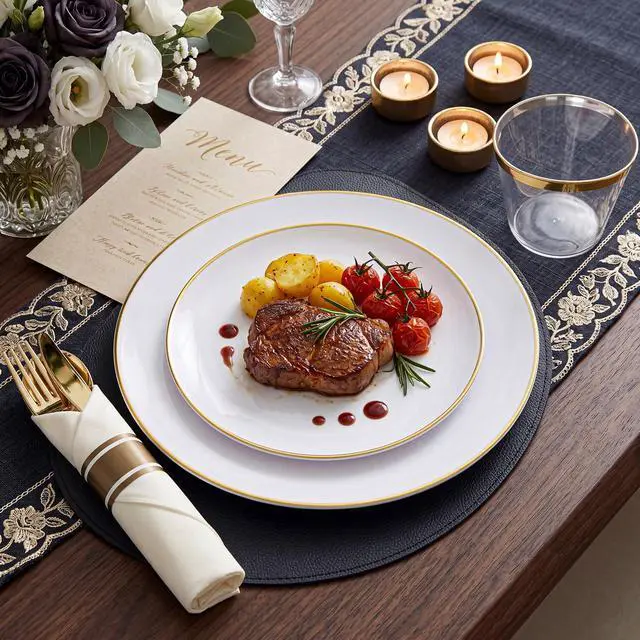 Alt view image 5 of 7 - 175PCS Gold Plates Disposable - Heavy Duty White and Gold Plastic Plates Dinnerware Sets - 25 for Dinner 25 for Dessert 25 Pre Rolled Napkins and 25 Cups for Birthday/Wedding/Party