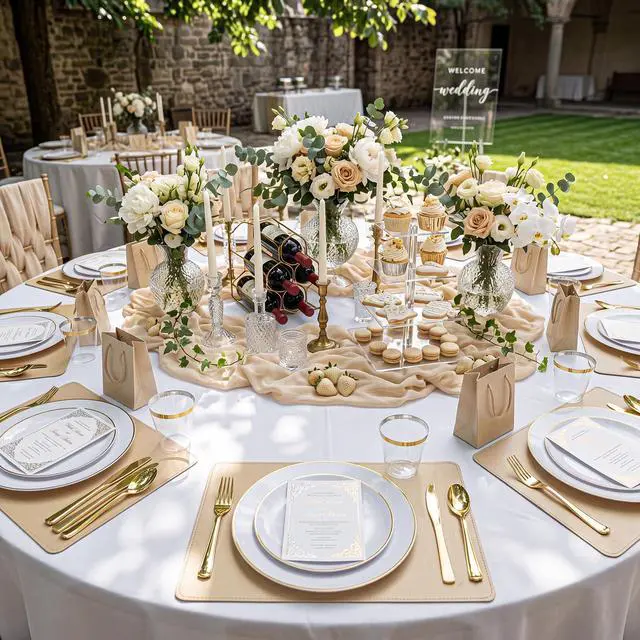 Alt view image 6 of 7 - 175PCS Gold Plates Disposable - Heavy Duty White and Gold Plastic Plates Dinnerware Sets - 25 for Dinner 25 for Dessert 25 Pre Rolled Napkins and 25 Cups for Birthday/Wedding/Party