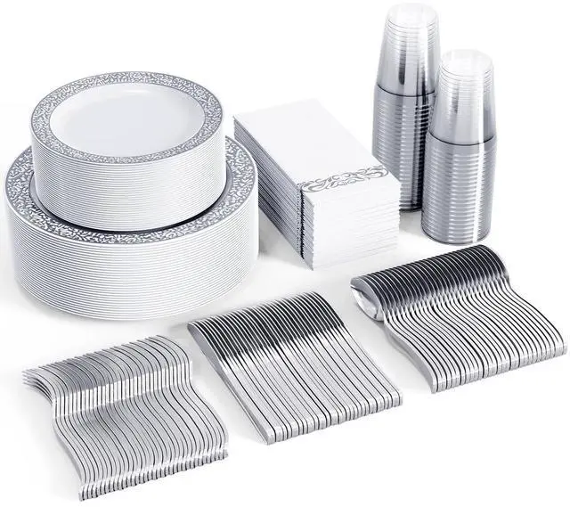 Main image of 350 Ct Silver Dinnerware Set for 50 Guests, Silver Lace Plastic Plates Disposable Heavy Duty, Including 50 Dinner & Dessert Plates, Cups, Napkins, Cutlery Set