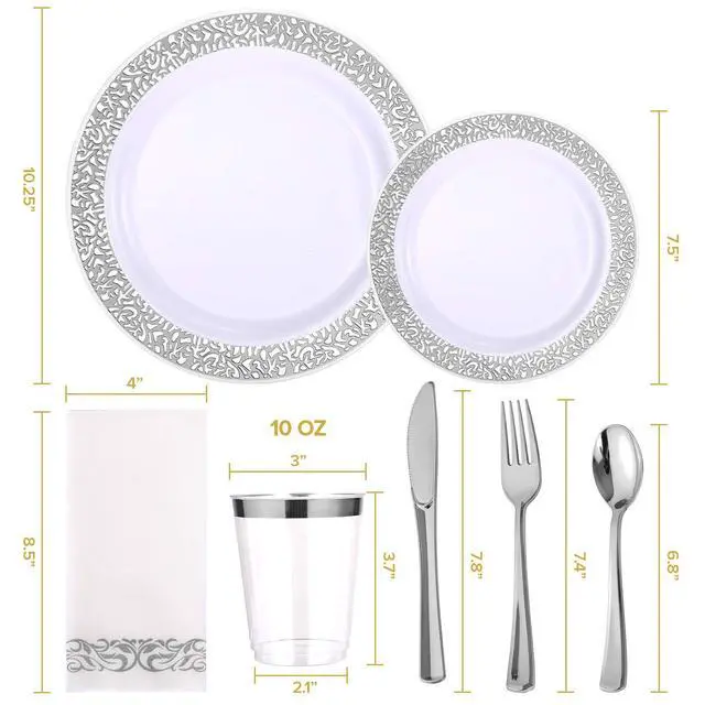 Alt view image 2 of 6 - 350 Ct Silver Dinnerware Set for 50 Guests, Silver Lace Plastic Plates Disposable Heavy Duty, Including 50 Dinner & Dessert Plates, Cups, Napkins, Cutlery Set