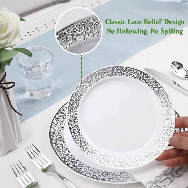 Alt view image 3 of 6 - 350 Ct Silver Dinnerware Set for 50 Guests, Silver Lace Plastic Plates Disposable Heavy Duty, Including 50 Dinner & Dessert Plates, Cups, Napkins, Cutlery Set