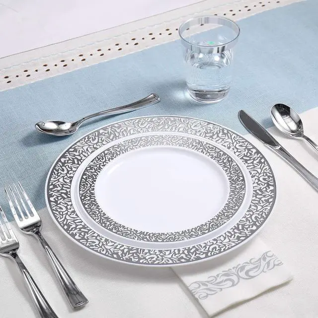 Alt view image 4 of 6 - 350 Ct Silver Dinnerware Set for 50 Guests, Silver Lace Plastic Plates Disposable Heavy Duty, Including 50 Dinner & Dessert Plates, Cups, Napkins, Cutlery Set