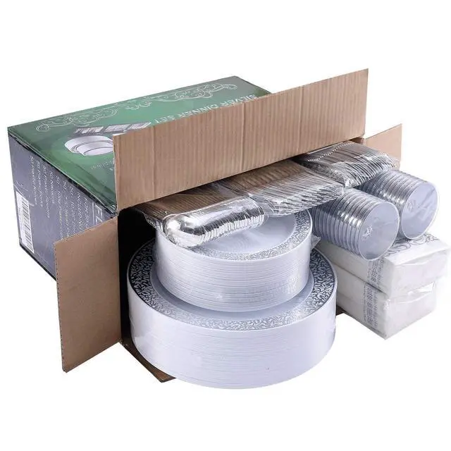 Alt view image 6 of 6 - 350 Ct Silver Dinnerware Set for 50 Guests, Silver Lace Plastic Plates Disposable Heavy Duty, Including 50 Dinner & Dessert Plates, Cups, Napkins, Cutlery Set