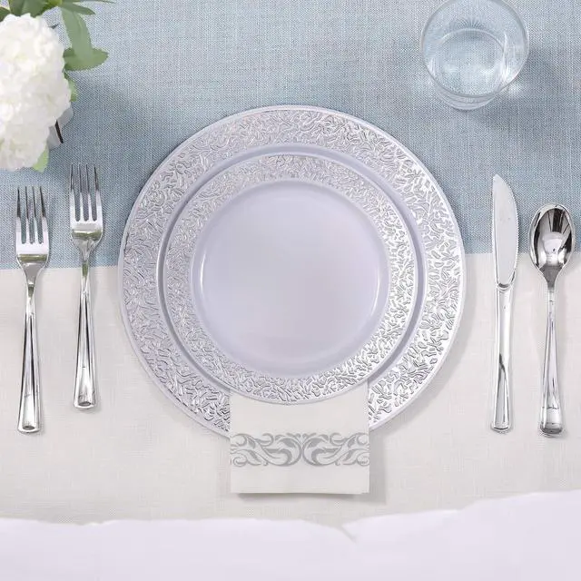 Alt view image 5 of 6 - 350 Ct Silver Dinnerware Set for 50 Guests, Silver Lace Plastic Plates Disposable Heavy Duty, Including 50 Dinner & Dessert Plates, Cups, Napkins, Cutlery Set