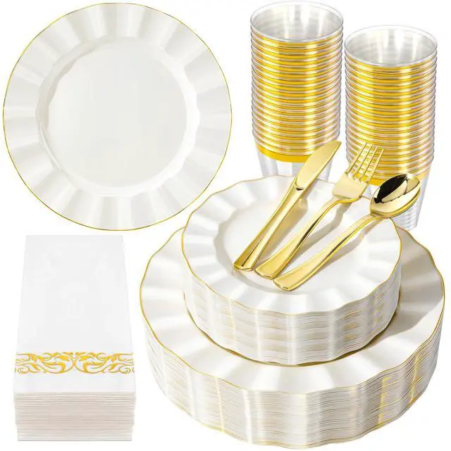 Main image of 175PCS Gold and Ivory Plastic Dinnerware Set, Plastic Party Plates for 25 Guests, 50 Disposable Plates, 25 Heavy Duty Silverware, 25 Cups, 25 Napkins for Party and Wedding
