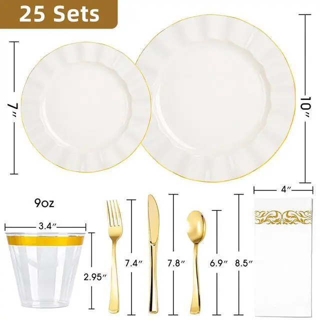 Alt view image 2 of 7 - 175PCS Gold and Ivory Plastic Dinnerware Set, Plastic Party Plates for 25 Guests, 50 Disposable Plates, 25 Heavy Duty Silverware, 25 Cups, 25 Napkins for Party and Wedding