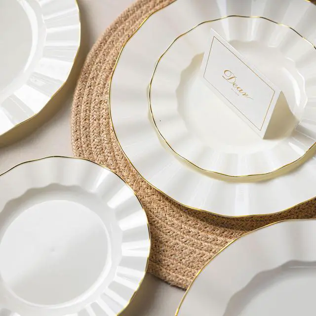Alt view image 4 of 7 - 175PCS Gold and Ivory Plastic Dinnerware Set, Plastic Party Plates for 25 Guests, 50 Disposable Plates, 25 Heavy Duty Silverware, 25 Cups, 25 Napkins for Party and Wedding