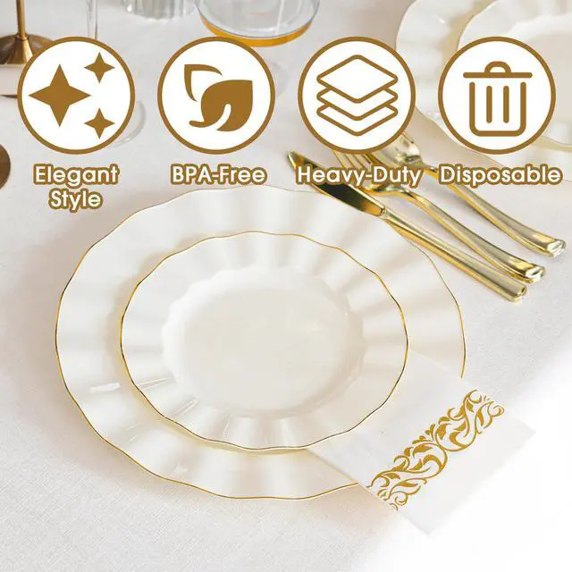 Alt view image 3 of 7 - 175PCS Gold and Ivory Plastic Dinnerware Set, Plastic Party Plates for 25 Guests, 50 Disposable Plates, 25 Heavy Duty Silverware, 25 Cups, 25 Napkins for Party and Wedding