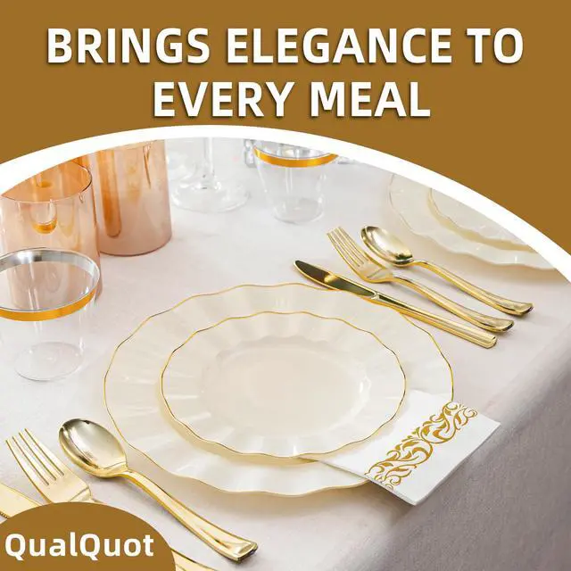 Alt view image 5 of 7 - 175PCS Gold and Ivory Plastic Dinnerware Set, Plastic Party Plates for 25 Guests, 50 Disposable Plates, 25 Heavy Duty Silverware, 25 Cups, 25 Napkins for Party and Wedding