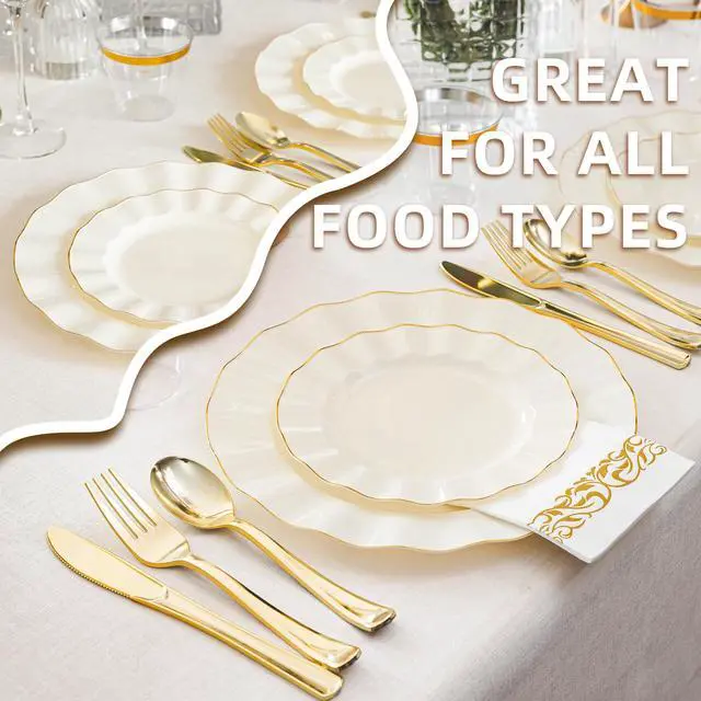Alt view image 7 of 7 - 175PCS Gold and Ivory Plastic Dinnerware Set, Plastic Party Plates for 25 Guests, 50 Disposable Plates, 25 Heavy Duty Silverware, 25 Cups, 25 Napkins for Party and Wedding