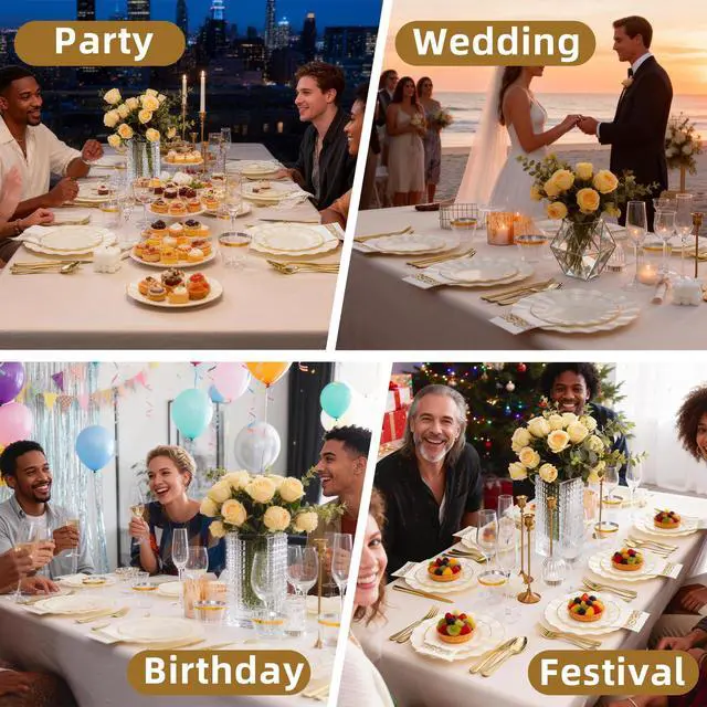 Alt view image 6 of 7 - 175PCS Gold and Ivory Plastic Dinnerware Set, Plastic Party Plates for 25 Guests, 50 Disposable Plates, 25 Heavy Duty Silverware, 25 Cups, 25 Napkins for Party and Wedding