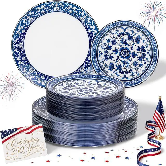 Main image of 60pcs Blue Plastic Plates Set - Floral Blue & White Porcelain Design, 10.25" Dinner & 7.5" Dessert Plates Disposable for 4th ofJuly & Wedding (Dishwasher Safe, Art Style)