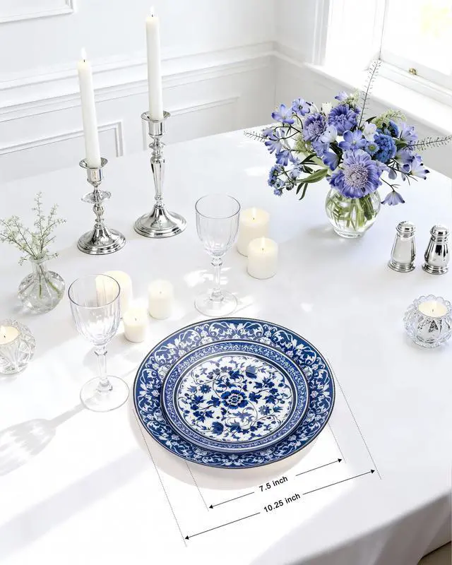 Alt view image 2 of 7 - 60pcs Blue Plastic Plates Set - Floral Blue & White Porcelain Design, 10.25" Dinner & 7.5" Dessert Plates Disposable for 4th ofJuly & Wedding (Dishwasher Safe, Art Style)