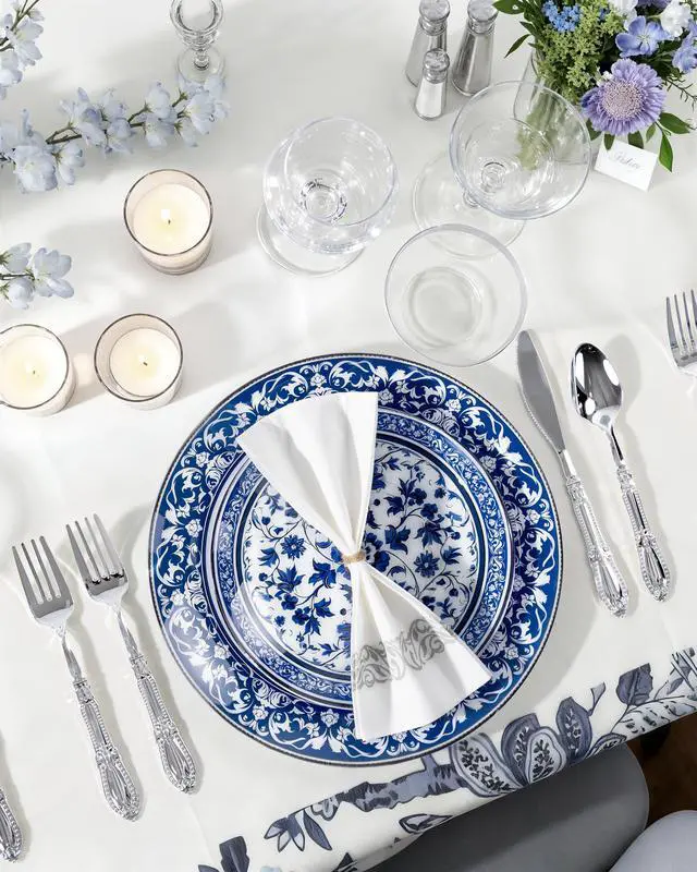 Alt view image 3 of 7 - 60pcs Blue Plastic Plates Set - Floral Blue & White Porcelain Design, 10.25" Dinner & 7.5" Dessert Plates Disposable for 4th ofJuly & Wedding (Dishwasher Safe, Art Style)