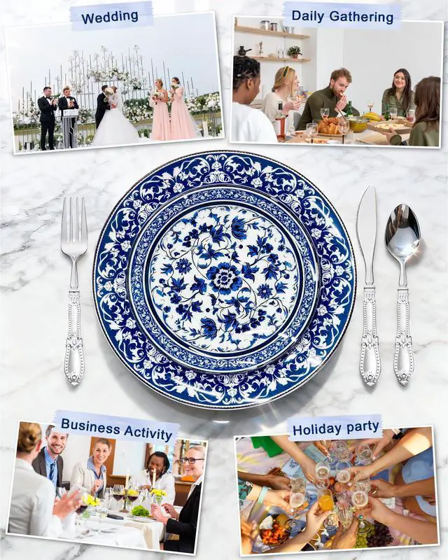 Alt view image 5 of 7 - 60pcs Blue Plastic Plates Set - Floral Blue & White Porcelain Design, 10.25" Dinner & 7.5" Dessert Plates Disposable for 4th ofJuly & Wedding (Dishwasher Safe, Art Style)