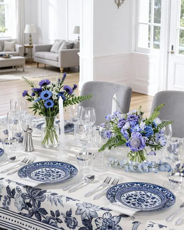 Alt view image 6 of 7 - 60pcs Blue Plastic Plates Set - Floral Blue & White Porcelain Design, 10.25" Dinner & 7.5" Dessert Plates Disposable for 4th ofJuly & Wedding (Dishwasher Safe, Art Style)