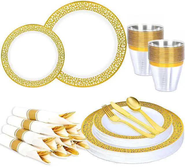 Main image of 70Pcs Gold Plastic Dinnerware for 10 Guests,Gold Lace Disposable Plastic Plates Including 10 Dinner&Dessert Plates,Cups,Plastic Silverware for Party,Birthday,Wedding
