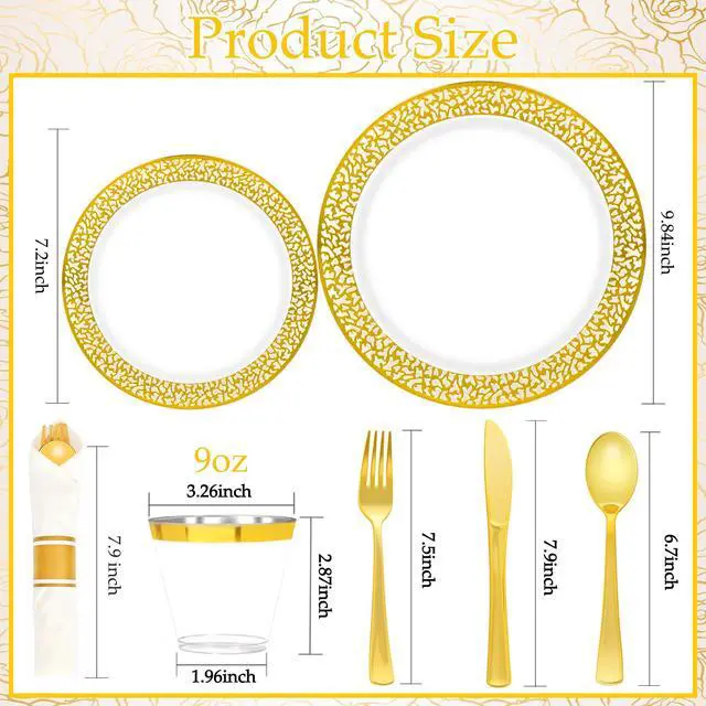 Alt view image 2 of 7 - 70Pcs Gold Plastic Dinnerware for 10 Guests,Gold Lace Disposable Plastic Plates Including 10 Dinner&Dessert Plates,Cups,Plastic Silverware for Party,Birthday,Wedding