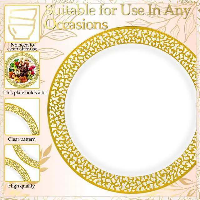 Alt view image 4 of 7 - 70Pcs Gold Plastic Dinnerware for 10 Guests,Gold Lace Disposable Plastic Plates Including 10 Dinner&Dessert Plates,Cups,Plastic Silverware for Party,Birthday,Wedding