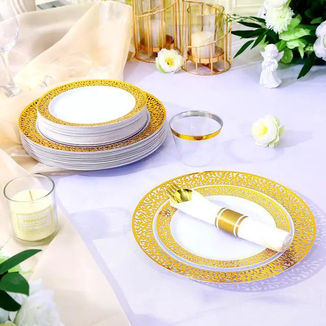 Alt view image 5 of 7 - 70Pcs Gold Plastic Dinnerware for 10 Guests,Gold Lace Disposable Plastic Plates Including 10 Dinner&Dessert Plates,Cups,Plastic Silverware for Party,Birthday,Wedding