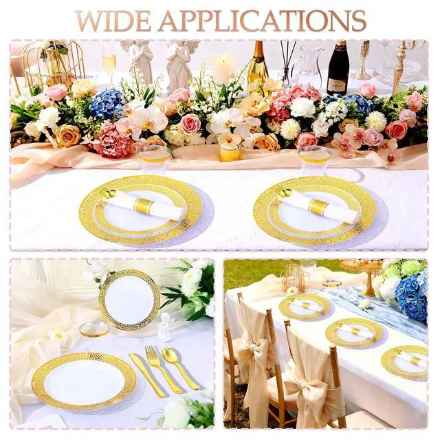 Alt view image 6 of 7 - 70Pcs Gold Plastic Dinnerware for 10 Guests,Gold Lace Disposable Plastic Plates Including 10 Dinner&Dessert Plates,Cups,Plastic Silverware for Party,Birthday,Wedding