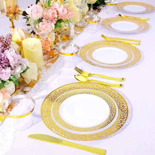 Alt view image 7 of 7 - 70Pcs Gold Plastic Dinnerware for 10 Guests,Gold Lace Disposable Plastic Plates Including 10 Dinner&Dessert Plates,Cups,Plastic Silverware for Party,Birthday,Wedding