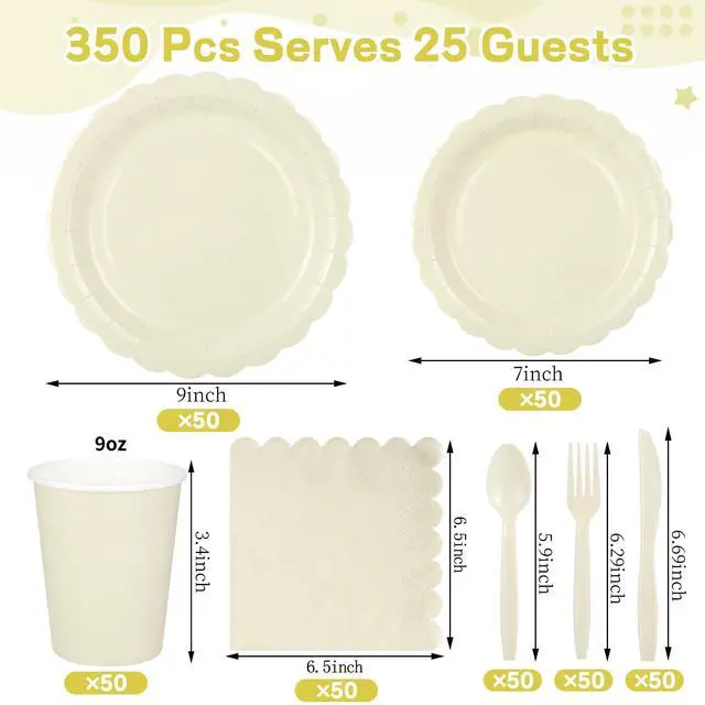Alt view image 2 of 7 - 350 Pcs Ivory Dinnerware Sets, 9" Party Plates, 7" Cream Dessert Plate, 9oz Cups & Cutlery, 50 Guest Beige Scalloped Disposable Plates Set for Baby Bridal Shower, Wedding, Birthday