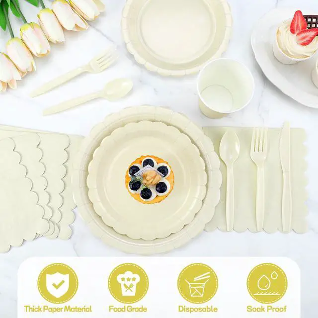 Alt view image 3 of 7 - 350 Pcs Ivory Dinnerware Sets, 9" Party Plates, 7" Cream Dessert Plate, 9oz Cups & Cutlery, 50 Guest Beige Scalloped Disposable Plates Set for Baby Bridal Shower, Wedding, Birthday