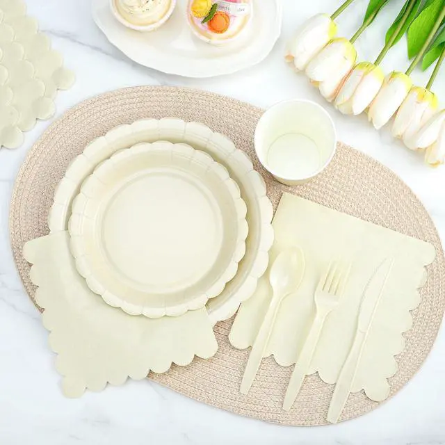 Alt view image 4 of 7 - 350 Pcs Ivory Dinnerware Sets, 9" Party Plates, 7" Cream Dessert Plate, 9oz Cups & Cutlery, 50 Guest Beige Scalloped Disposable Plates Set for Baby Bridal Shower, Wedding, Birthday