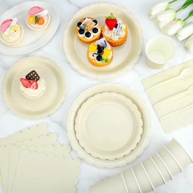 Alt view image 5 of 7 - 350 Pcs Ivory Dinnerware Sets, 9" Party Plates, 7" Cream Dessert Plate, 9oz Cups & Cutlery, 50 Guest Beige Scalloped Disposable Plates Set for Baby Bridal Shower, Wedding, Birthday