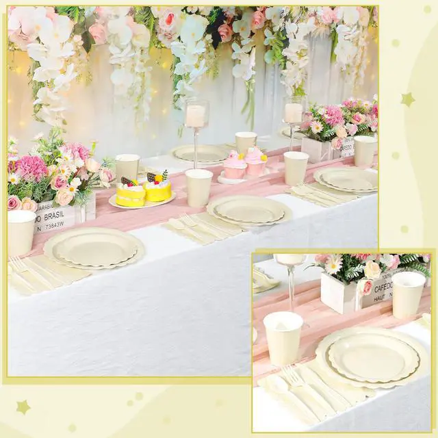 Alt view image 6 of 7 - 350 Pcs Ivory Dinnerware Sets, 9" Party Plates, 7" Cream Dessert Plate, 9oz Cups & Cutlery, 50 Guest Beige Scalloped Disposable Plates Set for Baby Bridal Shower, Wedding, Birthday