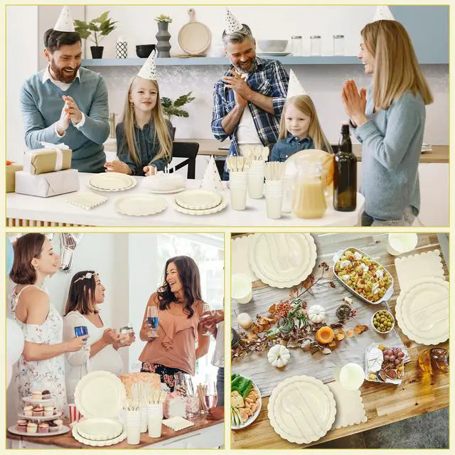 Alt view image 7 of 7 - 350 Pcs Ivory Dinnerware Sets, 9" Party Plates, 7" Cream Dessert Plate, 9oz Cups & Cutlery, 50 Guest Beige Scalloped Disposable Plates Set for Baby Bridal Shower, Wedding, Birthday