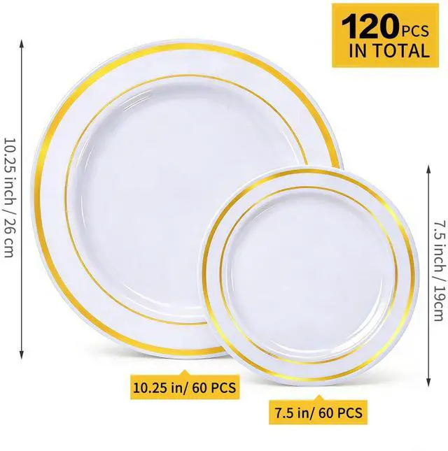 Alt view image 2 of 7 - 120PCS Gold Plastic Plates, Heavy Duty White and Gold Disposable Party Plates, 60 Dinner Plates and 60 Dessert Plates, Plastic Plates for Party Wedding Baby Shower Birthday