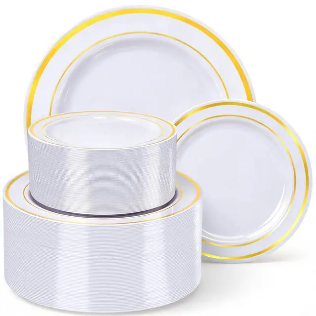 Main image of 120PCS Gold Plastic Plates, Heavy Duty White and Gold Disposable Party Plates, 60 Dinner Plates and 60 Dessert Plates, Plastic Plates for Party Wedding Baby Shower Birthday