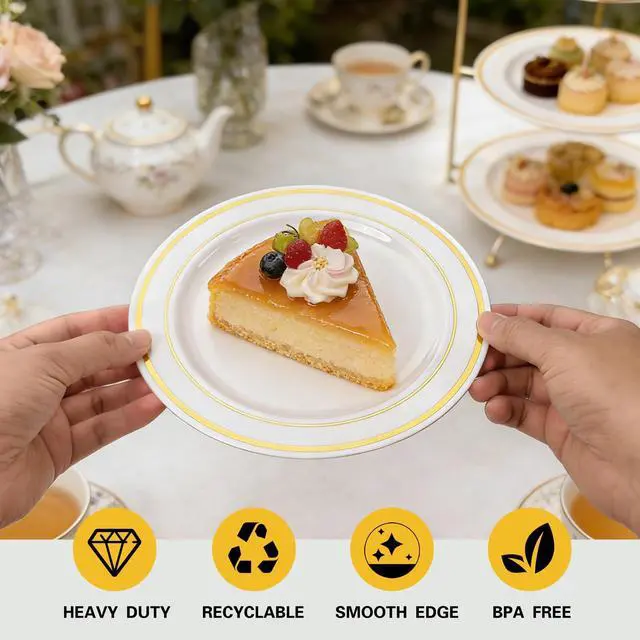 Alt view image 3 of 7 - 120PCS Gold Plastic Plates, Heavy Duty White and Gold Disposable Party Plates, 60 Dinner Plates and 60 Dessert Plates, Plastic Plates for Party Wedding Baby Shower Birthday