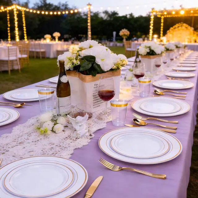 Alt view image 6 of 7 - 120PCS Gold Plastic Plates, Heavy Duty White and Gold Disposable Party Plates, 60 Dinner Plates and 60 Dessert Plates, Plastic Plates for Party Wedding Baby Shower Birthday