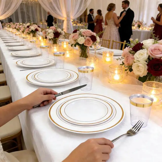 Alt view image 7 of 7 - 120PCS Gold Plastic Plates, Heavy Duty White and Gold Disposable Party Plates, 60 Dinner Plates and 60 Dessert Plates, Plastic Plates for Party Wedding Baby Shower Birthday